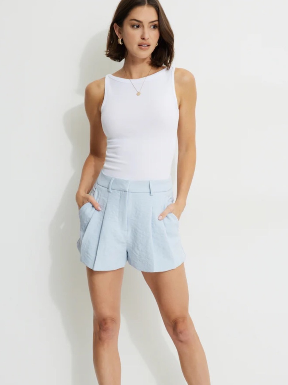 Dynamite Light Blue Pleated Ultra High Rise Mid-Thigh Crepe Summer Casual Shorts